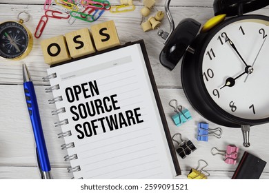 OSS - Open Source Software acronym on notepad, Tecnology and software concept background