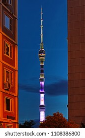 Ostankino Television And Radio Tower In Moscow, Russia In The Summer Night. Standing 540.1 Metres Tall, Ostankino Was Designed By Nikolai Nikitin, The Tallest Free-standing Structure In Europe