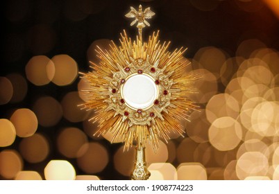 Ostensorium for worship at a Catholic church ceremony - sacred object of devotion and exposure of the Blessed Sacrament