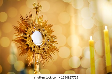 Ostensory for worship at a Catholic church ceremony - Adoration to the Blessed Sacrament - Catholic Church - Eucharistic Holy Hour - Shutterstock ID 1334927735