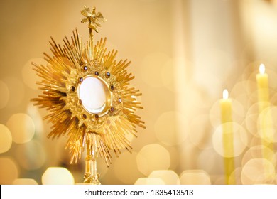 Ostensory for worship at a Catholic church ceremony - Adoration to the Blessed Sacrament - Catholic Church - Eucharistic Holy Hour - Shutterstock ID 1335413513