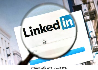 Ostersund, Sweden - August 1, 2015: Linkedin website under a magnifying glass. Linkedin is a business oriented social networking website.