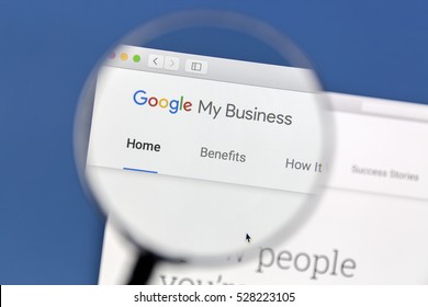 Ostersund Sweden - December 3, 2016 Closeup of Google My Business website under a magnifying glass. Google My Business is a free and easy-to-use tool for businesses, brands, artists, and organizations