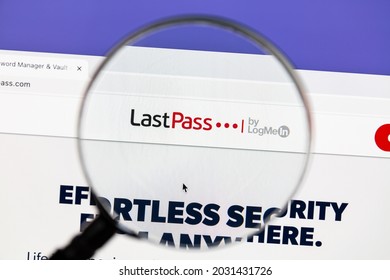 Ostersund, Sweden - Feb 17, 2021: LastPass website under a magnifying glass. LastPass is a password manager that stores encrypted passwords online..