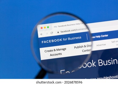 Ostersund, Sweden - Feb 4, 2021: Facebook Business Page Under A Magnifying Glass. Facebook Is The Most Visited Social Network In The World	
