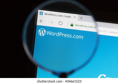 Ostersund, Sweden - June 10, 2016 Closeup of wordpress website under a magnifying glass. WordPress is a free and open-source content management system (CMS) based on PHP and MySQL