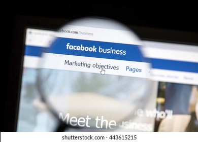 Ostersund, Sweden - June 27, 2016: Facebook Business Page Under A Magnifying Glass. Facebook Is The Most Visited Social Network In The World
