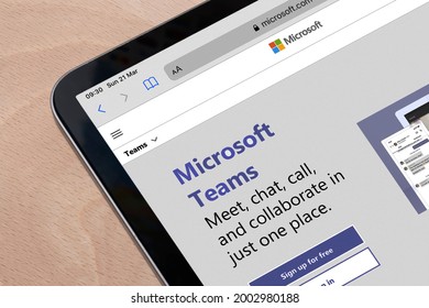 Ostersund, Sweden - Mars 21, 2021: Microsoft Teams website on a tablet. Teams is a unified team communication and collaboration platform with workplace chat, video meetings, and file storage.