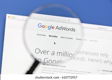 Ostersund, Sweden - Mars 29, 2016: Google Adwords website under a magnifying glass. Google AdWords is an online advertising service.