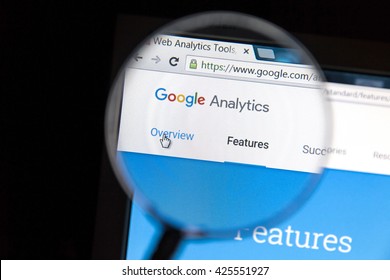 Ostersund, Sweden - May 23, 2016: Google Analytics website under a magnifying glass. Google Analytics is a web analytics service offered by Google.