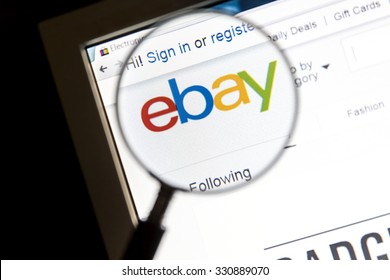 Ostersund, Sweden - October 24, 2015: Closeup of ebay website under a magnifying glass. eBay is an american multinational corporation and e-commerce company