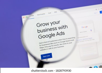 Ostersund, Sweden - October 7, 2020 Google Ads Website Under A Magnifying Glass. Google Ads Is An Online Advertising Platform Developed By Google.