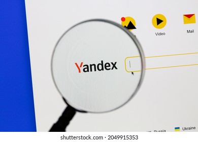 Ostersund, Sweden - Sep 15, 2021 Yandex website under a magnifying glass.. Yandex is a Russian multinational corporation providing over 70 Internet-related products and services