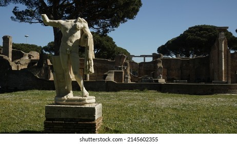 Ostia Antica, Rome, Italy - April 03, 2022, Forum Of The Heroic Statue.