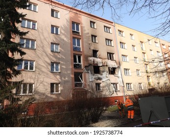 Ostrava CZ February 25 2021. Meth Lab After Night Explosion. The Statics Of The House Is Disturbed And The House Will Probably Go To The Ground.