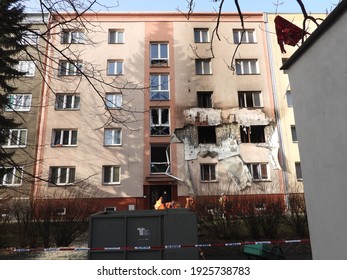 Ostrava CZ February 25 2021. Meth Lab After Night Explosion. The Statics Of The House Is Disturbed And The House Will Probably Go To The Ground.