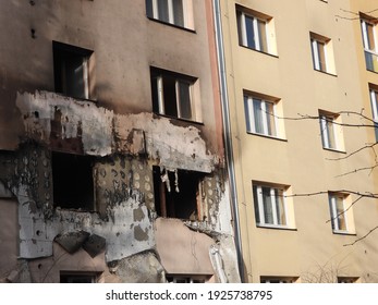 Ostrava CZ February 25 2021. Meth Lab After Night Explosion. The Statics Of The House Is Disturbed And The House Will Probably Go To The Ground.