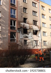 Ostrava CZ February 25 2021. Meth Lab After Night Explosion. The Statics Of The House Is Disturbed And The House Will Probably Go To The Ground.