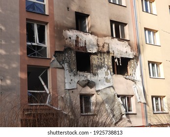 Ostrava CZ February 25 2021. Meth Lab After Night Explosion. The Statics Of The House Is Disturbed And The House Will Probably Go To The Ground.