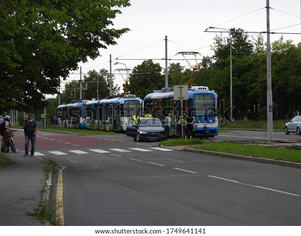 Ostrava CZ, June 4, 2020. Car-Tram accident where car\
stopped in the railway and was hit by the tram. Tire blew up and\
nobody was hurt. 