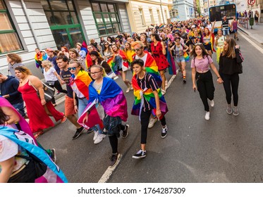 OSTRAVA / CZECH REPUBLIC - AUGUST 17, 2019: People Attending The Very First Gay Pride Parade In The Moravian City Of Ostrava, Czech Republic.