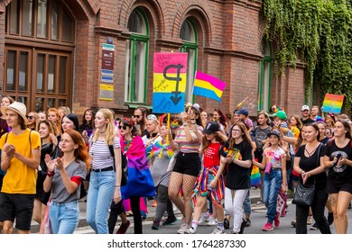 OSTRAVA / CZECH REPUBLIC - AUGUST 17, 2019: People Attending The Very First Gay Pride Parade In The Moravian City Of Ostrava, Czech Republic.