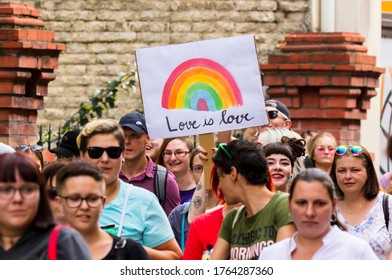 OSTRAVA / CZECH REPUBLIC - AUGUST 17, 2019: People Attending The Very First Gay Pride Parade In The Moravian City Of Ostrava, Czech Republic.