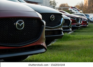 OSTRAVA, CZECH REPUBLIC - NOVEMBER 6, 2019: The dealership of the Japanese automotive company Mazda with the car presented and advertising the brand new vehicles