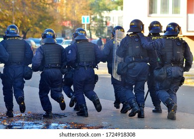 Ostrava, Czech Republic - October 19 2013: Special Riot Police Team Running On Street During Demonstration