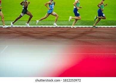 OSTRAVA, CZECH REPUBLIC, SEPTEMBER. 8. 2020: Legs Of Professional Athletes On Track And Field Race Wearing Controversial Nike Running Shoes. Air Zoom Victory And Nike Dragonfly Spikes