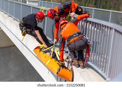 Ostravice, Czech Republic - 05 03 2022: Firefighters Are Training Rope Rescue Methods