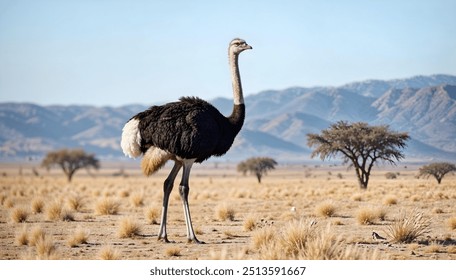 An ostrich standing in the savannah with mountains in the background on a clear day