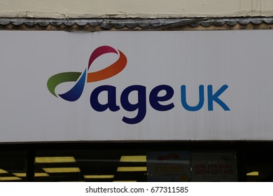 Oswestry, Shropshire, England, UK. 7 July 2017. Age UK Charity Sign.