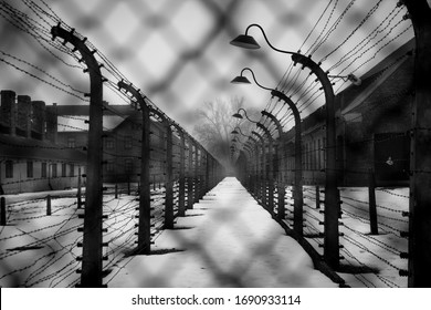 Oswiecim, Poland - 02/04/2017: Auschwitz - Birkenau main concentration camp for jews during holocaust, barbed wire and fence in winter foggy weather, Poland