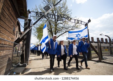 Oswiecim, Poland - 24 April 2017: International Holocaust Remembrance Day. Thousands Of Judes Come To Auschwitz To Join The March Of The Living In German Concetration Camp