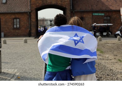 OSWIECIM, POLAND - APRIL 16, 2015: International Holocaust Remembrance Day . Annually People From The All The World Meets On The March Of The Living In German Concentration Camp In Auschwitz Birkenau.