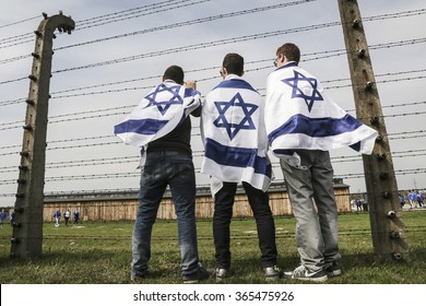 OSWIECIM, POLAND - APRIL 16, 2015: Holocaust Remembrance Day Next Generation Of People From The All The World Meets On The March Of The Living In German Death Camp In Auschwitz Birkenau, In Poland