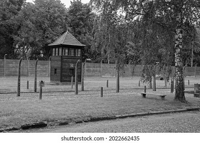 Oswiecim, Poland - July 11th 2018. A watch tower in the Auschwitz concentration camp in Poland
