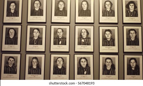 OSWIENCIM, POLAND - JANUARY, 14, 2017 Portraits of Auschwitz Birkenau victims. German Nazi concentration and extermination camp. 4K steadicam video