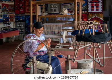 Otavalo - Ecuador. May, 19th 2018. Artisan female workshop for the production of indigenous fabrics from the Andean Quichua culture. Illustrative image