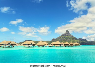 Otemanu Mountain And Luxury Bungalow At Bora Bora Island, Tahiti, French Polynesia