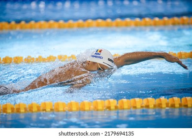 Otopeni, Romania - 8 July 2022: Details with David Popovici swimmer from Romania competing at the LEN European Junior Championships.