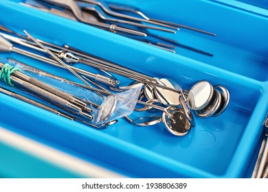 Otorhinolaryngology or ENT surgery instruments in a blue medical box
