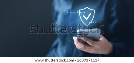 otp, code, security, login, 2fa, sms, Person using smartphone with digital shield icon, representing OTP code verification, password security, and two-factor authentication for data protection.