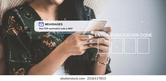 OTP verification code, temporary secure, PIN-code from mobile phone SMS, One Time Password, Personal online cyberspace security privacy protection data, Internet network security.
