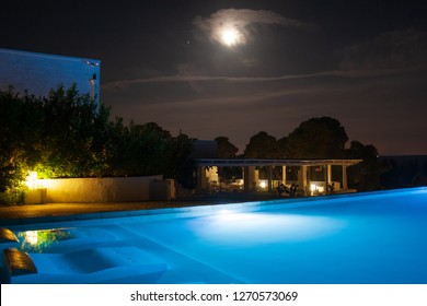 Otranto, Puglia / Italy - September 19 2018: Swimming Pool In Beautiful Luxury Resort Into The Nature With No People And Moon, Near Laghi Alimini, Lecce, Salento, Puglia, South Italy