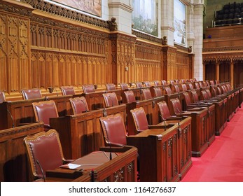 OTTAWA - AUGUST 2018: The Canadian Parliament Building Is Constructed With Ornate Gothic Styling As Seen In These Interior Details Of The Senate Chamber.
