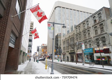 OTTAWA, CANADA - 19 NOVEMBER 2017. Downtown Ottawa Streets After First Snow Of Winter