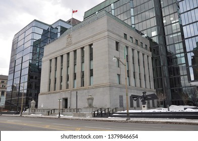 Ottawa, Canada - April 12, 2019: Bank Of Canada Building Along Wellington Street. 