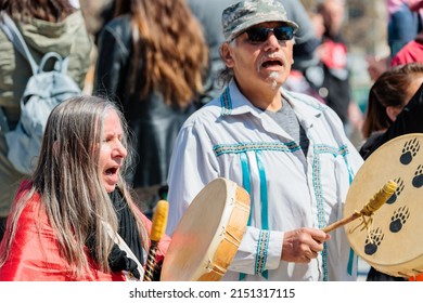 Ottawa, Canada – April 30 2022: First Nations Peoples Perform A Ceremony At The Canadian War Memorial During Rolling Thunder Demonstrations